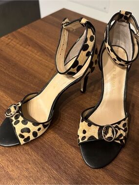 Audrey Brooke Leopard Print Ankle-Strap Heels in Black and Tan